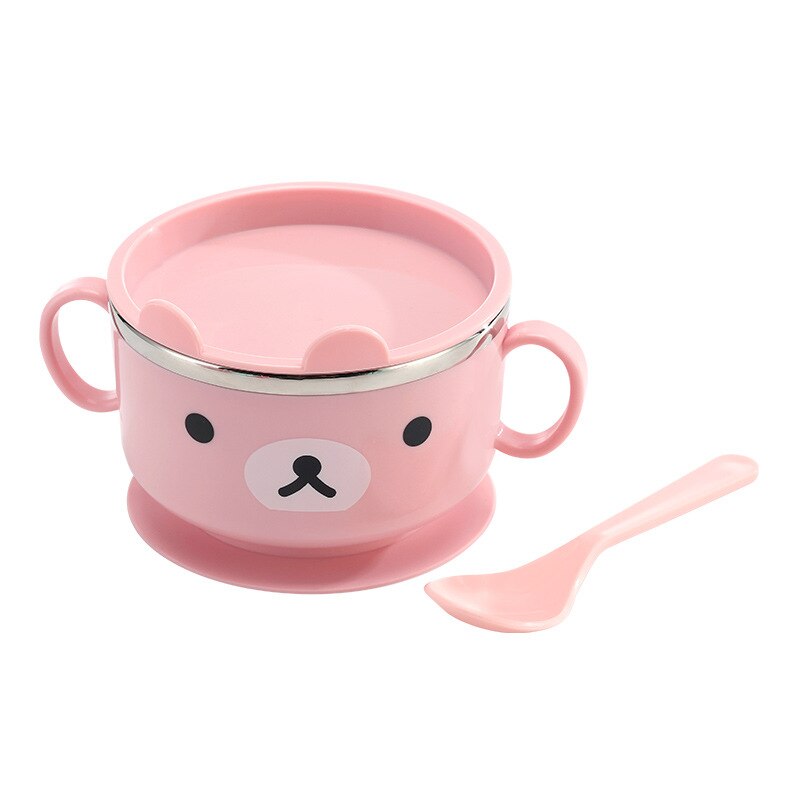 Tigela para bebê, tigela para bebês aprendizagem de desenho animado com capa para o bebê em aço inoxidável ventosa de isolamento tigela de comida suplementar: Pink(400ML)
