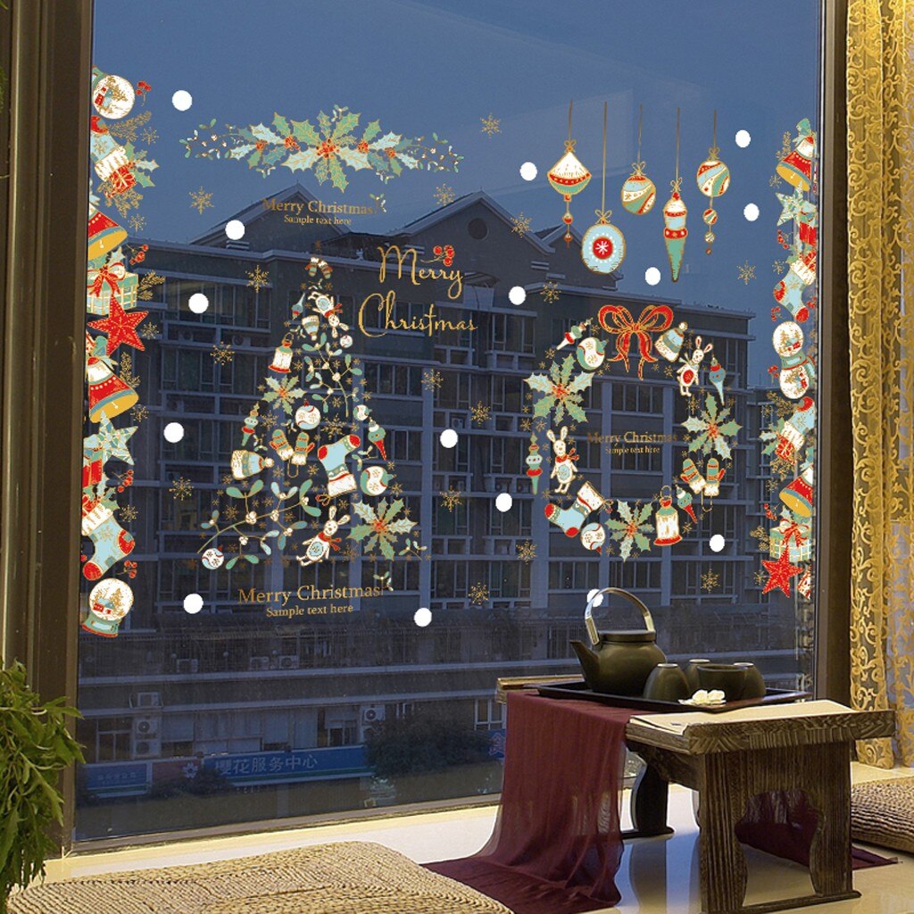 Christmas Printed Wall Sticker Wreath Christmas Tree Household Window Room Wall Sticker Mural Decor Decal Removable Window Decor