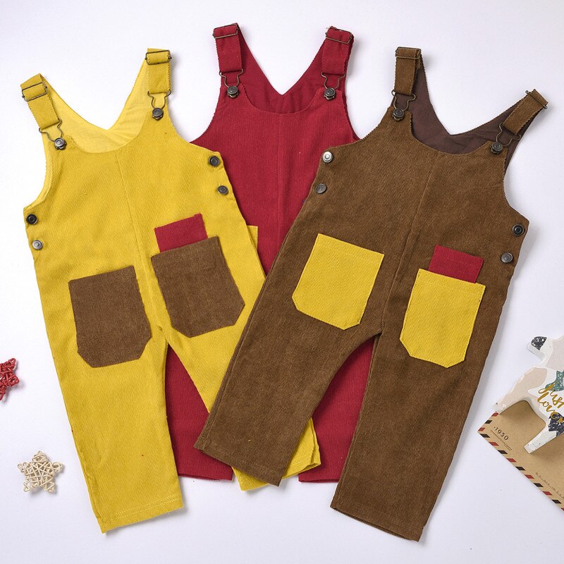 Babybroek met bretels, corduroy jumpsuit, herfst mouwloos zijzak patch kleur herfst schouder knopen kleding