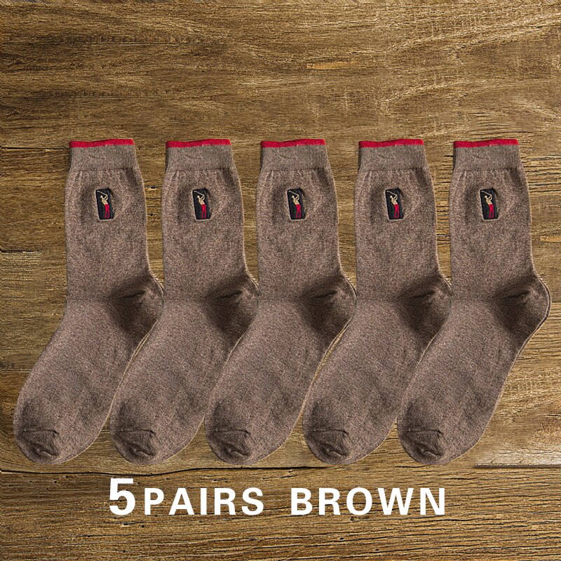 5 pairs Embroidery Men&#39;s Cotton Socks For Male Business Brand Deodorant Dress socks men&#39;s Outdoor Baseball Socks: 5 pairs brown