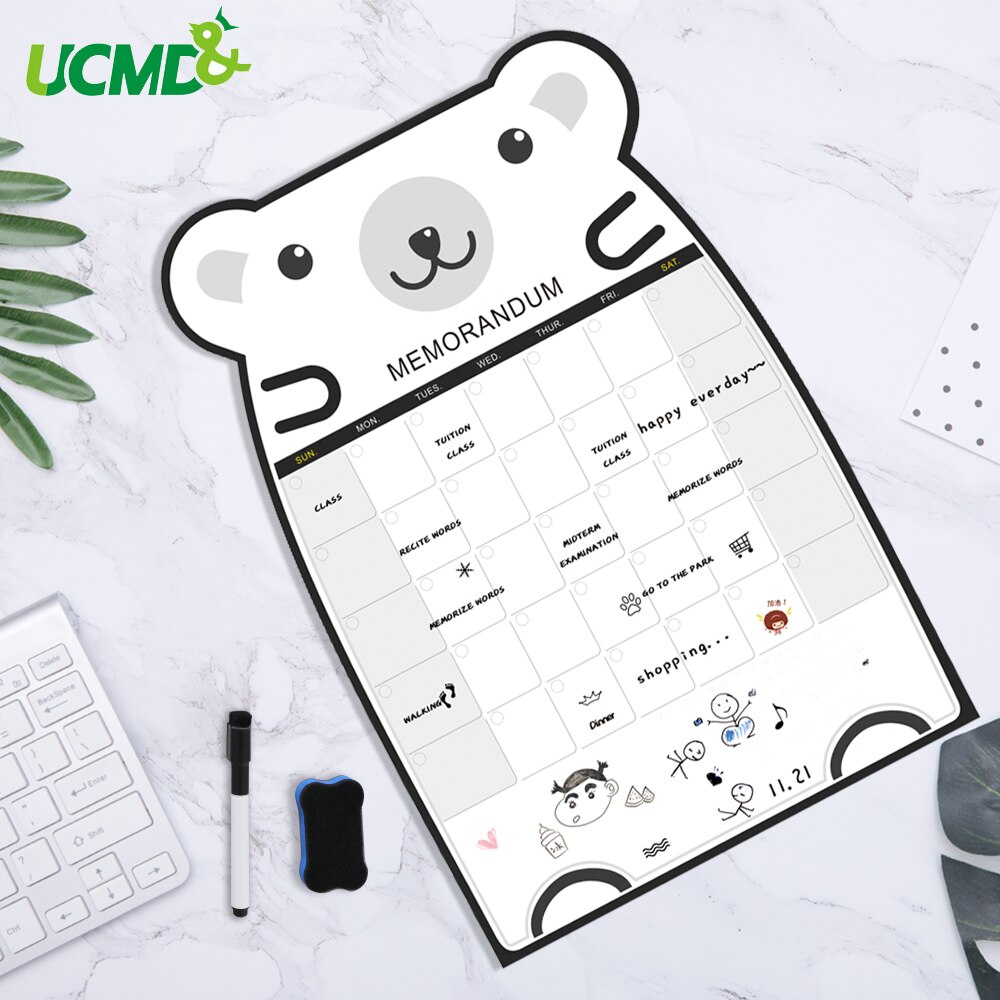 Cute Bear Magnetic Message Whiteboard Office Remind Memo Pad Fridge Magnet To do list Calendar Monthly Daily Planner with Marker