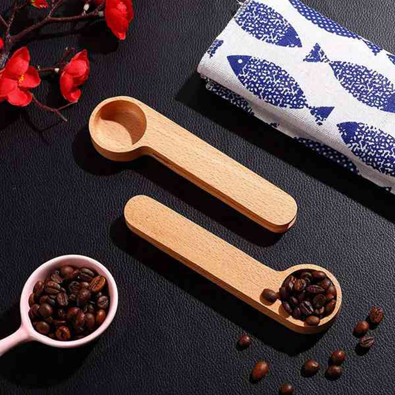 Cuillère à café en bois 2 en 1, 5 pièces, cuillère à mesurer avec pince à sachet, scelleuse cuillère à mesurer pour haricots, expresso café, thé