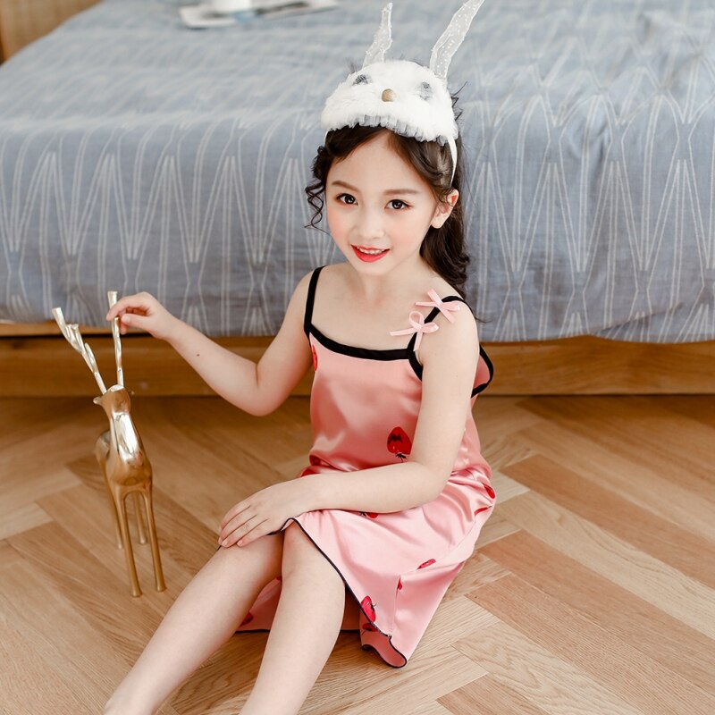 Children Clothing Girl Pajamas Dress Girls Silky Pajamas Sling Dress Nightwear Strawberry Cute Print Pattern Sleepwear Summer