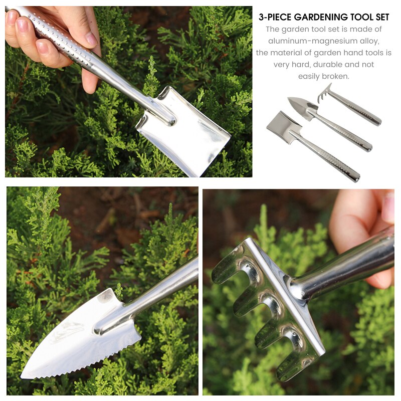 3PCS Garden Tool Set Cast-Aluminum Heavy Duty Gardening Kit Including Hand Shovel Transplant Hand Trowel Tilling Hand Rake