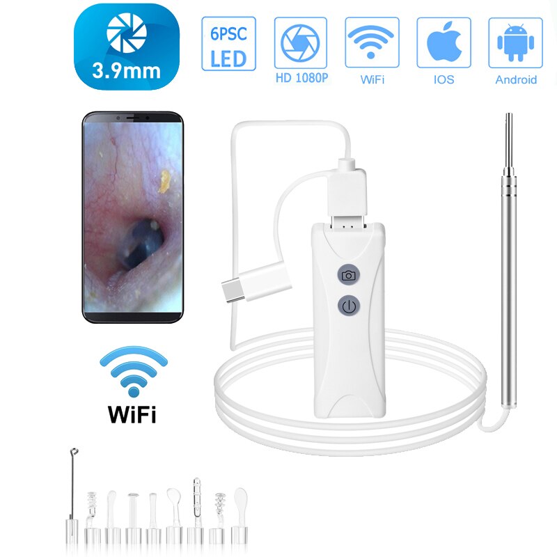 3.9Mm Lens Hd 1080P Wifi Oor Endoscoop Camera 2MP IP67 Waterdichte Inspectie Otoscoop Camera Visuele Oor Lepel Cleaning tool