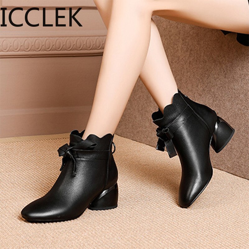 Women Ankle Boots Autumn Winter Shoes Med Heels Bare Boots Bow Dress Shoes Female Boots Wave White Botas Mujer