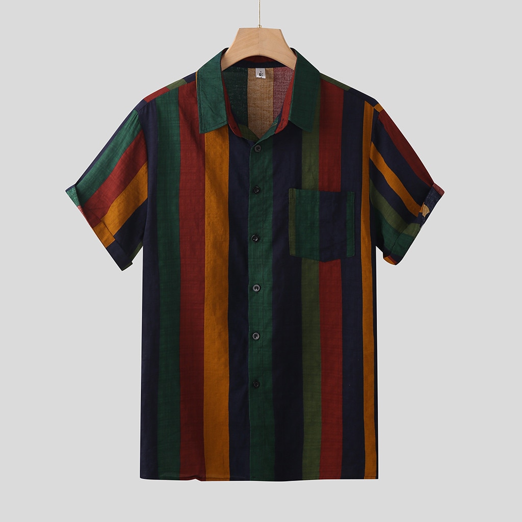 Camisa informal de verano para hombre, camisa holgada de manga corta con estampado a rayas y botones, camisa hawaiana de playa entallada,