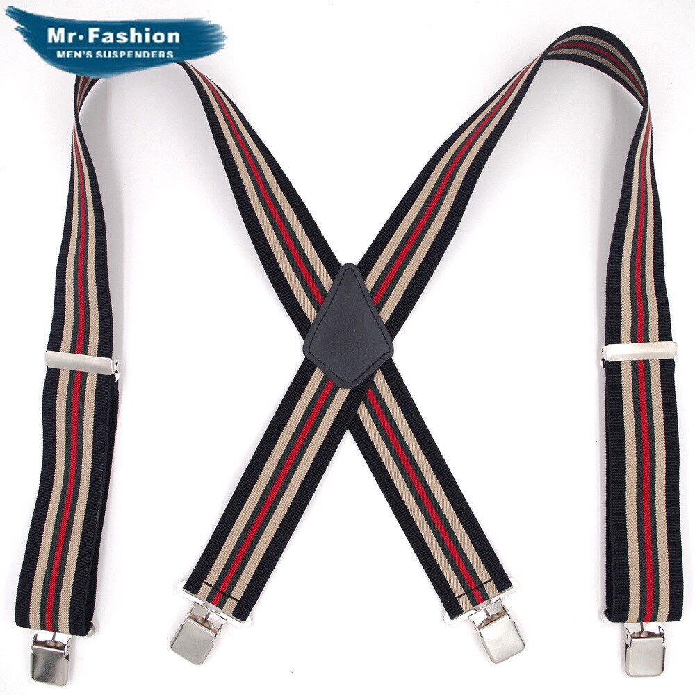 Volwassen Mannen Lange Vier-Clip Band 5 Cm Gestreepte Broek Schouderriem Elastische Elastische Broek Bretels