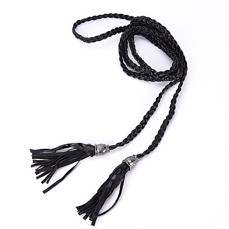 Boho Dunne Taille Touw Riem Vrouwen Simple Pu Lederen Kwastje Gevlochten Self-Tie Riem: Black