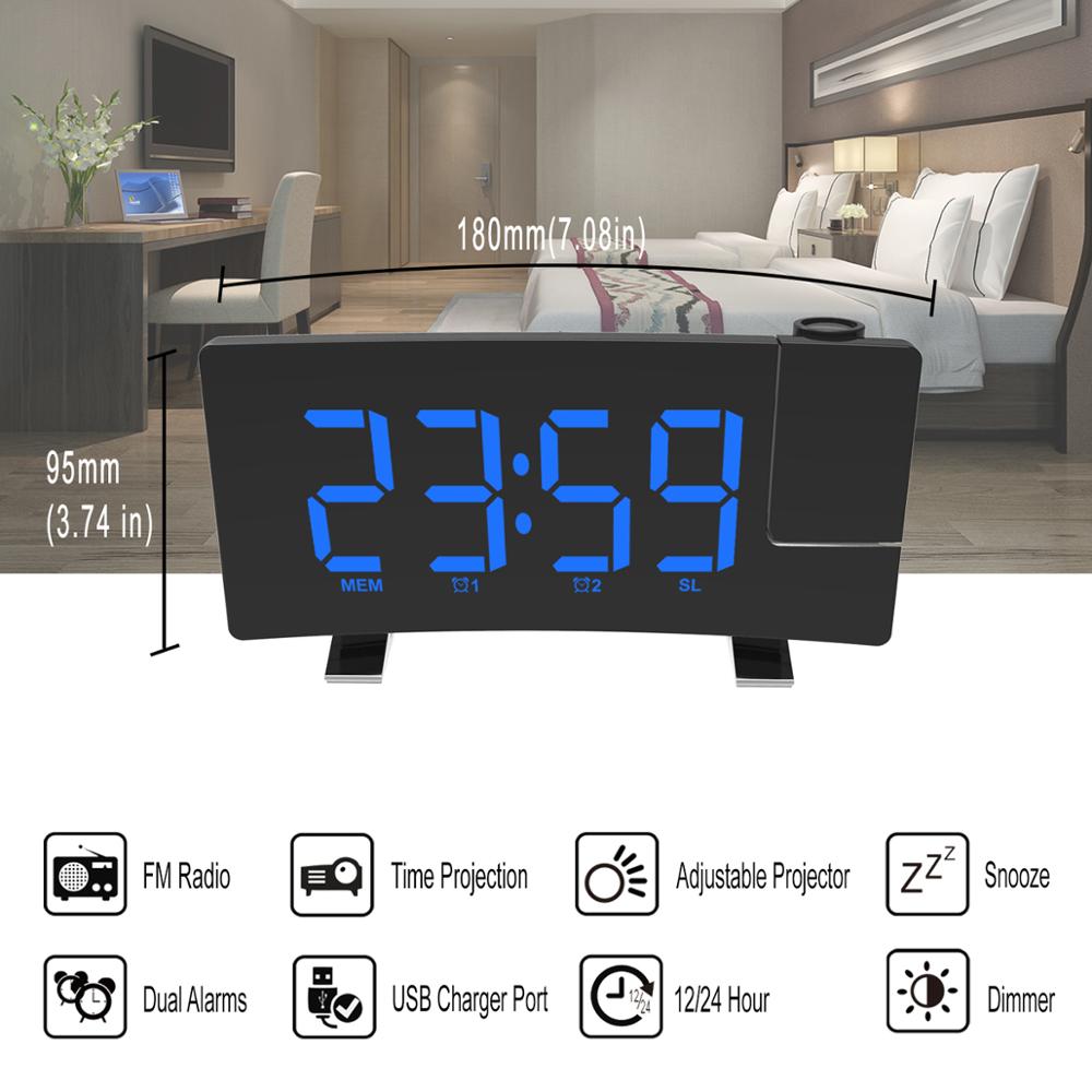 Radio Clock Digital 8 inch LED 180 Degree Projector Projection Snooze Alarm Clock Radio Timer Backlight 3W Speakers Home