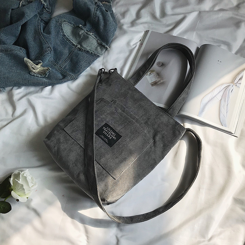 Sac à main en toile velours côtelé pour femmes, sac à bandoulière pour Shopping, sacoche Messenger coréenne, décontracté: Gris