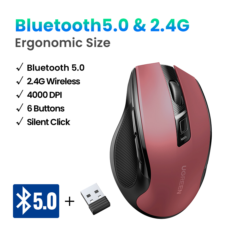 Mysz bezprzewodowa UGREEN mysz Bluetooth 5.0 ergonomiczna 4000 DPI cicha 6 przycisków dla tabletu MacBook mysz do laptopa cicha mysz 2.4G: YELLOW