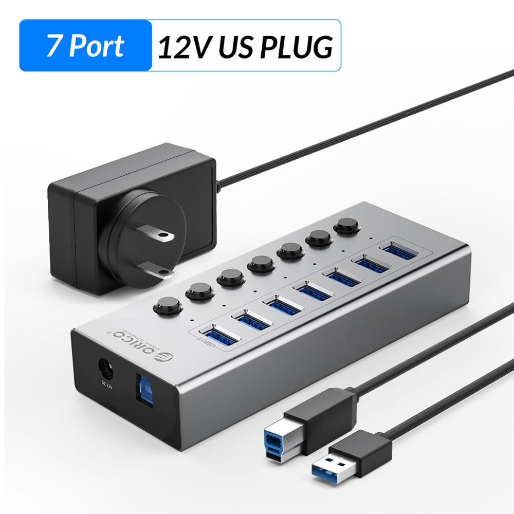 ORICO Industrial USB 3.0 HUB 7/10 Port Aluminum USB Splitter On/Off Switch With 12V Power Adapter Support Charging for Computer: 7 Port  US Plug