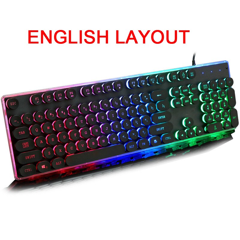 Steampunk Retro Gaming Keyboard Russian/English Layout Round Keycap Backlit USB Wired Glowing Metal Panel Crystal Border: English Black