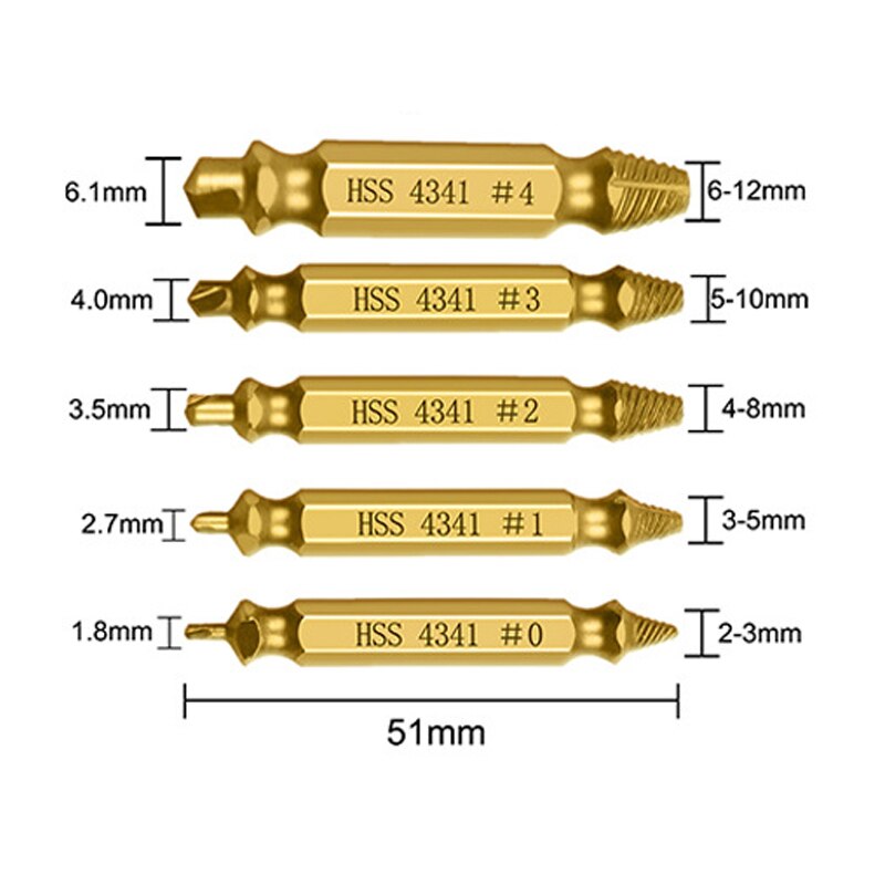 4/5/6Pcs Damaged Screw Extractor Drill Bit Set Stripped Broken Speed Out Bolt Extractor Bolt Stud Easily Take Out Remover: 5 PCS Gold