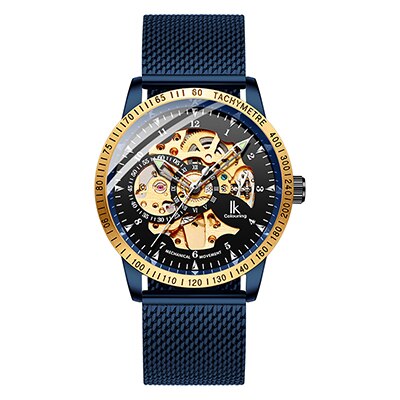 Ik färglägg herrklockor mesh flätat band i rostfritt stål automatisk mekanisk manlig klocka skelett steampunk relogio masculino: F3