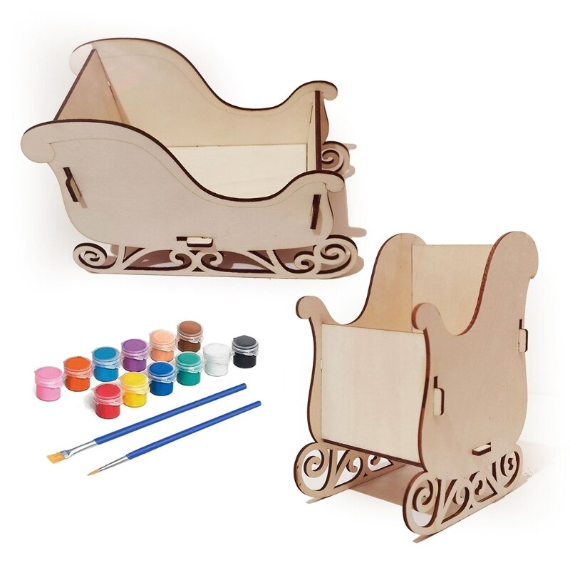 DIY Christmas Sleigh Decoration Kit with Paints Brushes Wooden Art Craft for Kid 77UD