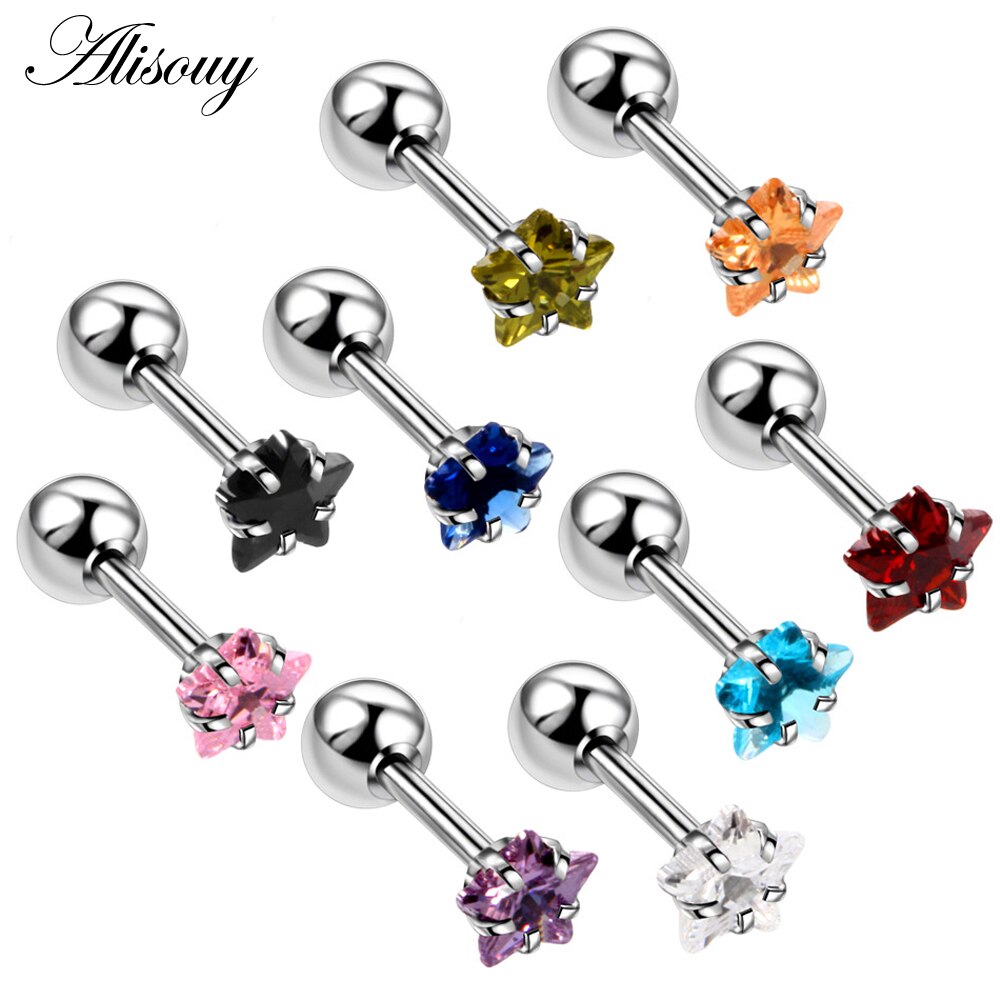 Alisouy 2pcs Star Prong set Zircon Ear Cartilage Piercing Tragus Helix Studs Piercing 1.2x6x4/4mm Stainless Steel girl Earrings