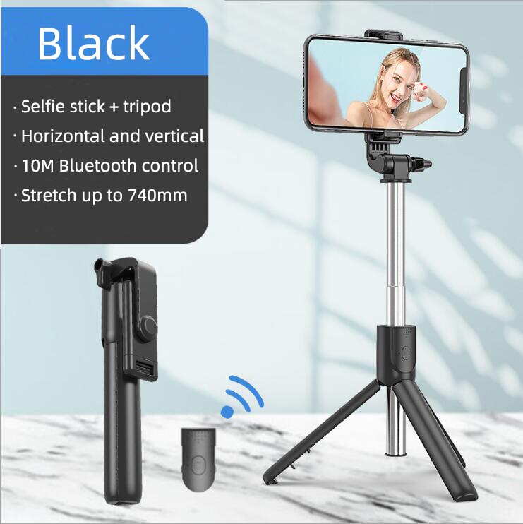 Wireless bluetooth selfie stick foldable mini tripod with fill light shutter remote control Self-Timer Rod Stick: Black without led