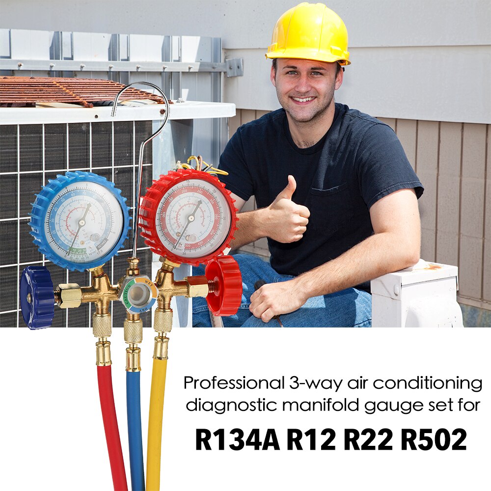 Calibro collettore diagnostico AC Set manometro refrigerante a 3 vie per refrigeranti R134A R12 R22 R502 con accoppiatore e adattatore