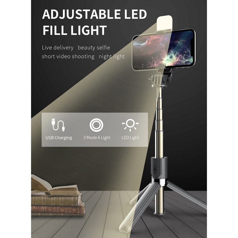 Kabelloser bluetooth-selfie-stick, faltbares mini-stativ, tragbarer handyhalter mit fülllicht für ios- und android-smartphones