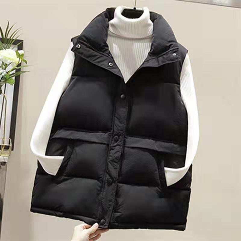 Vangull kvinder ærmeløs vest vinter varm plus size dun bomulds vatteret jakke kvinde veste mandarin krave ærmeløs vest: Sort / L