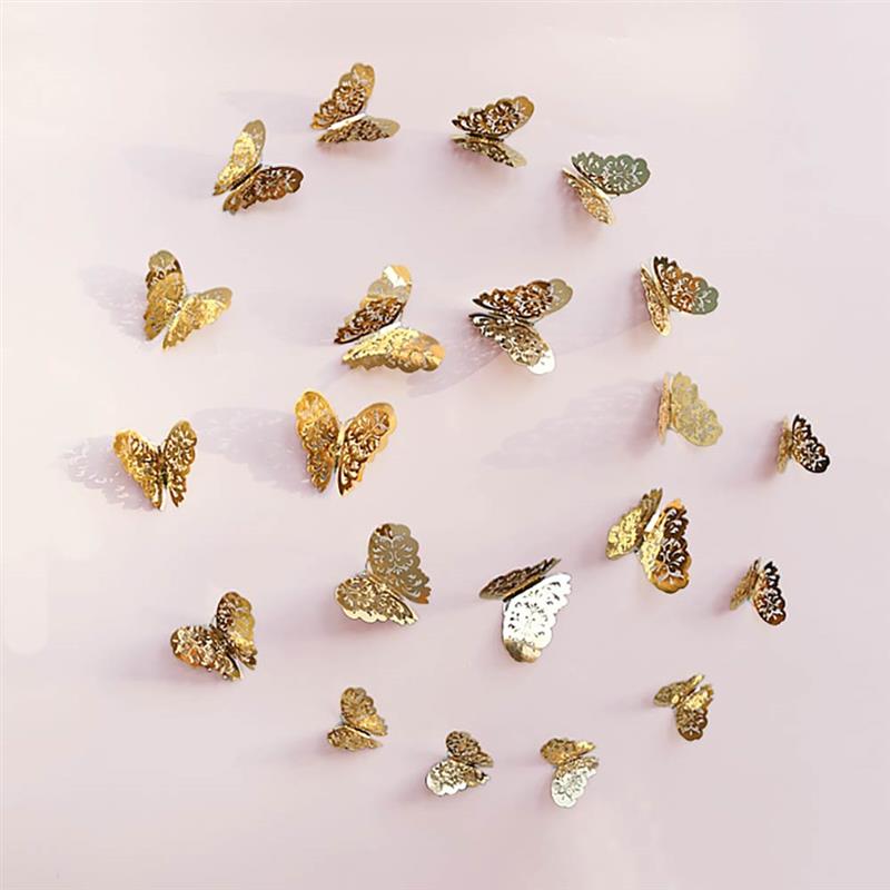 12Pcs 3D Golden Hollow Vlinders Muurstickers Mooie Vlinder Room Muurstickers Wedding Home Decorations Koelkast Stickers