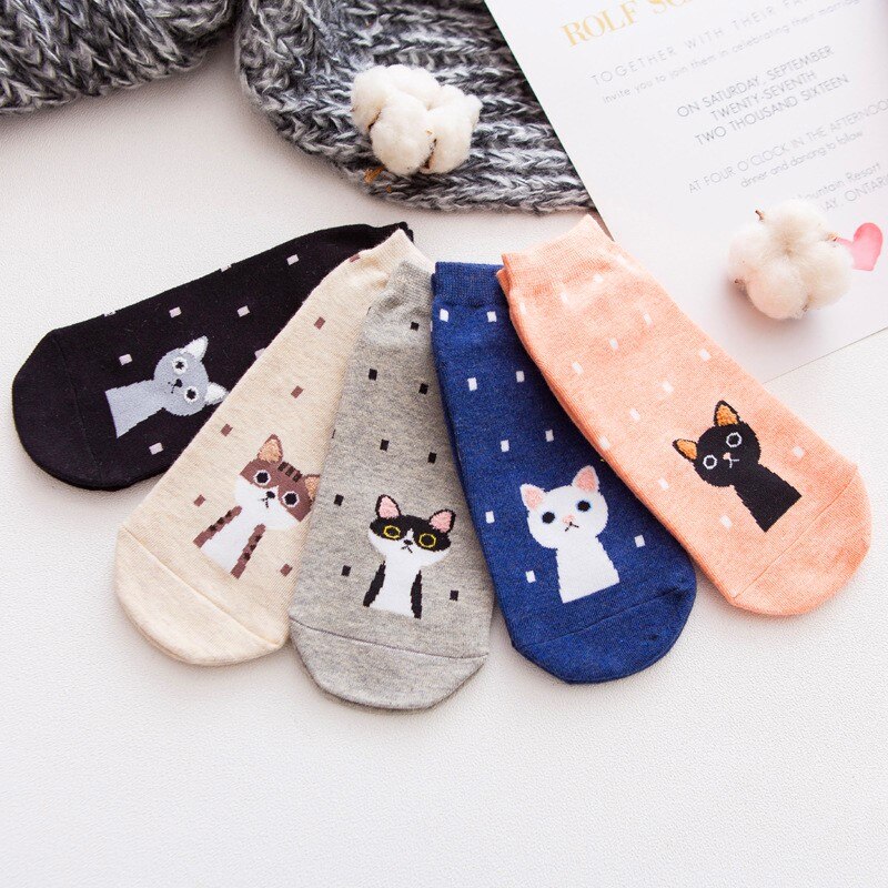 5Pairs Spring Summer Cartoon Cat Socks Cute Animal Women Socks Funny Ankle Socks Ladies Girls Cotton Invisible Socks: Default Title