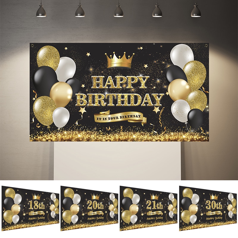 Happy Birthday Decoration Banner Large Black Gold Happy Birthday Backdrop Banner Sign Background Poster for Birthday Party Favor
