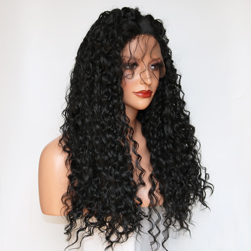 Fantasy Beauty-Peluca de pelo sintético con malla frontal prearrancada, 180% Denstiy, sin pegamento, rizada, fibra resistente al calor, con pelo de bebé