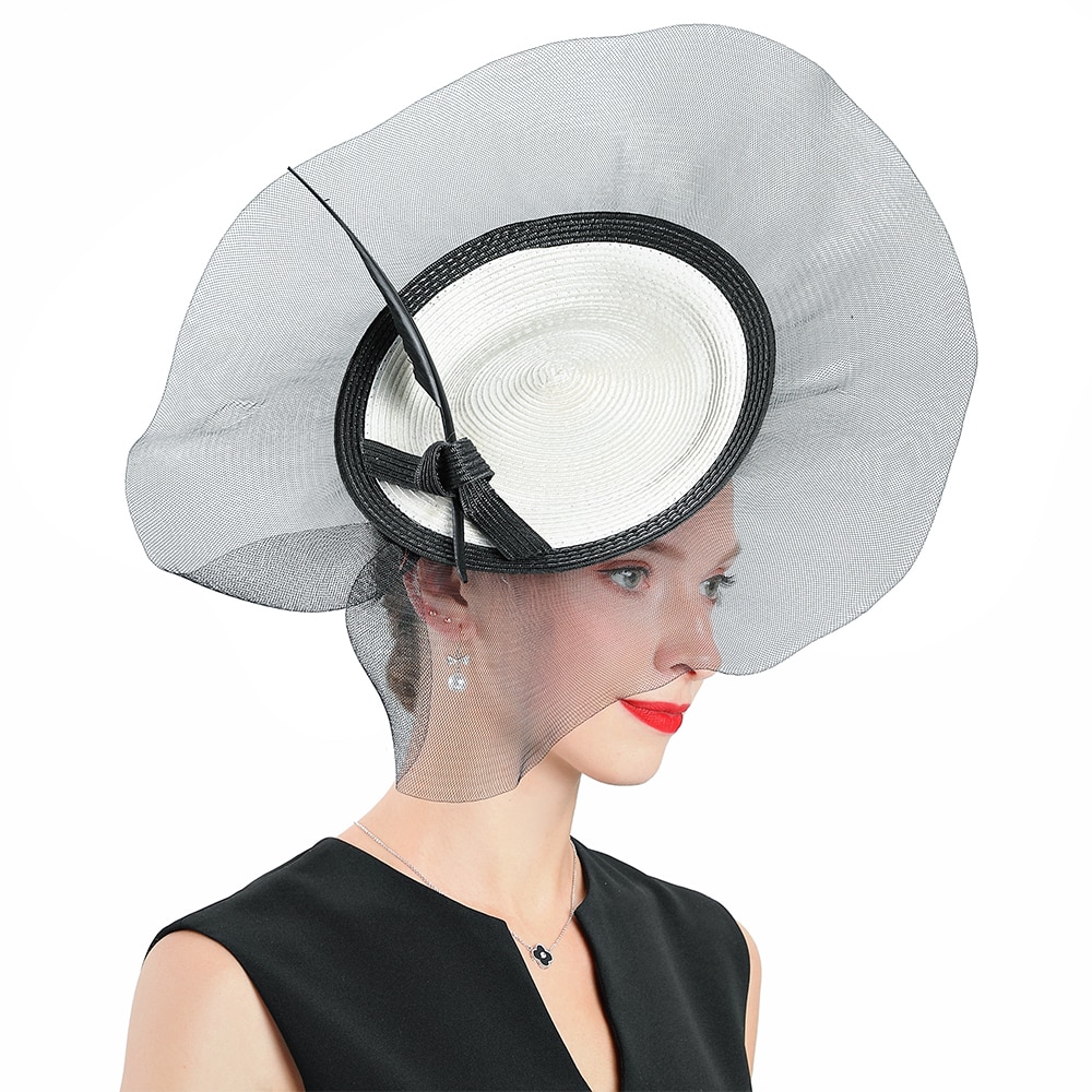 British Royal Wedding Hats Fascinators For Women Fedoras Hat White Straw Feather Bow With Veil Prom Church Cap Party Hat