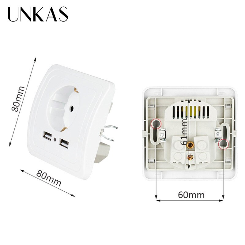 UNKAS 2000mA Dubbele USB Grijs Decoratieve Muur Socket 5V Woonaccessoires EU Plug Stopcontact PC Panel Geaard