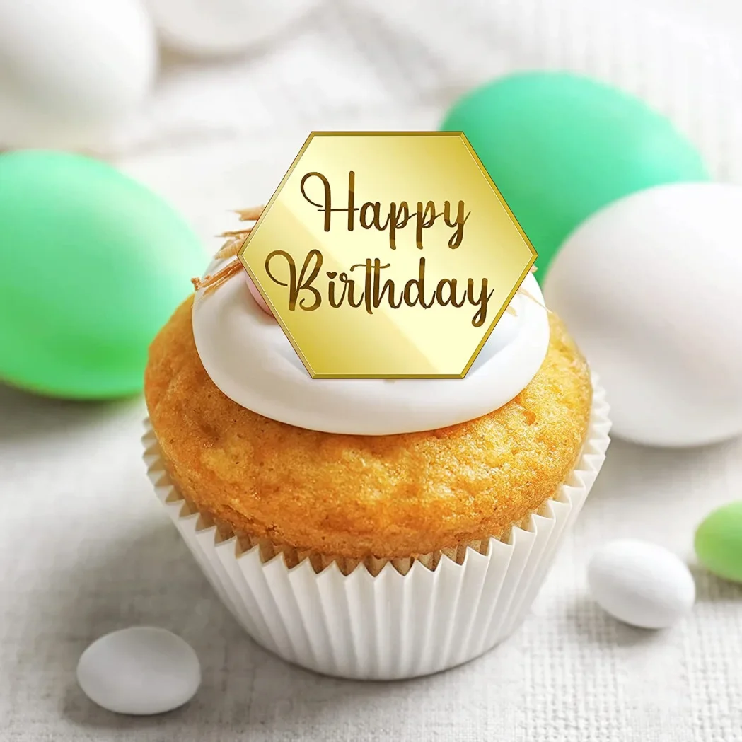 10 stk. tillykke med fødselsdagen cupcake toppers guld akryl cirkel dessert kage gør-det-selv dekorationer indsæt kort børnefødselsdagsfest dekoration
