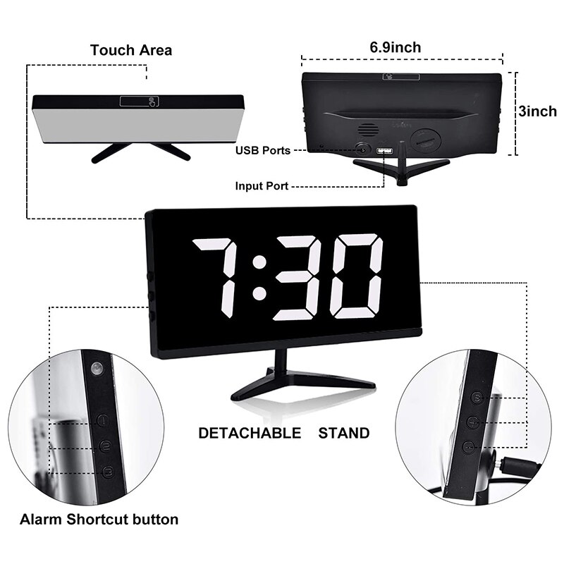 Digital Alarm Clock,7 Inch LED Mirror Electronic Display,Temperature,Snooze Model,Auto/Custom Brightness,for Office