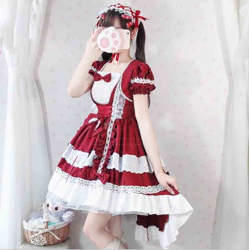 Vestido Lolita gótico para chicas, vestido Lolita de manga larga extraíble, disfraz de sirvienta para mujer, disfraz de Lolita roja para mujeres y niñas de talla grande