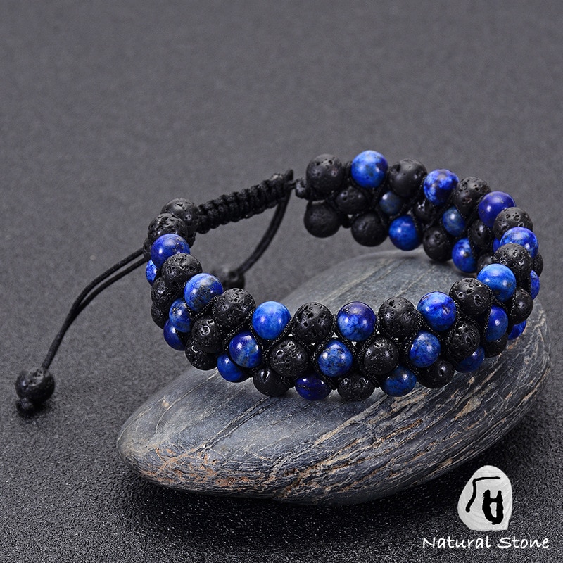 Natuursteen Armband Voor Mannen 3 Lagen Lapis Lazuli Lava Kralen Armband Blauw Zwarte Kleur Sieraden