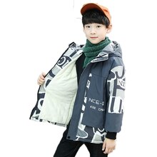 Winter Polyester Jas Voor Jongen 2022 Warm Houden Dikker Plus Fluwelen Capuchon Katoenen Jas Knappe Afdrukken Kinderkleding