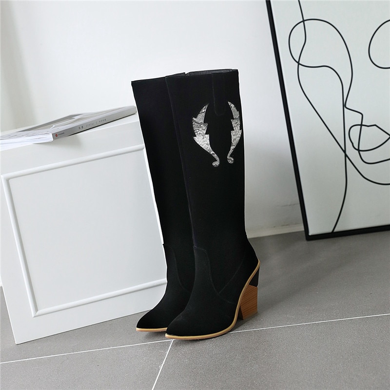 MORAZORA große größe 46 frauen kniehohe stiefel flock spitz herbst high heels stiefel zip einfache party prom schuhe frau