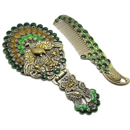 Peacock Metal Portable Boxed Makeup Hand Mirror Comb S