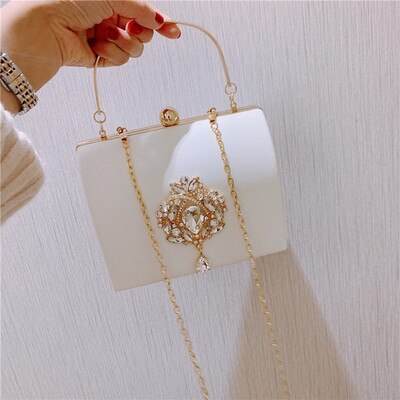 Luxury Boxed Evening Bag Velvet Retro Square Handbag Female Diamond Clutch Bag Gold Wedding Party Purse: white