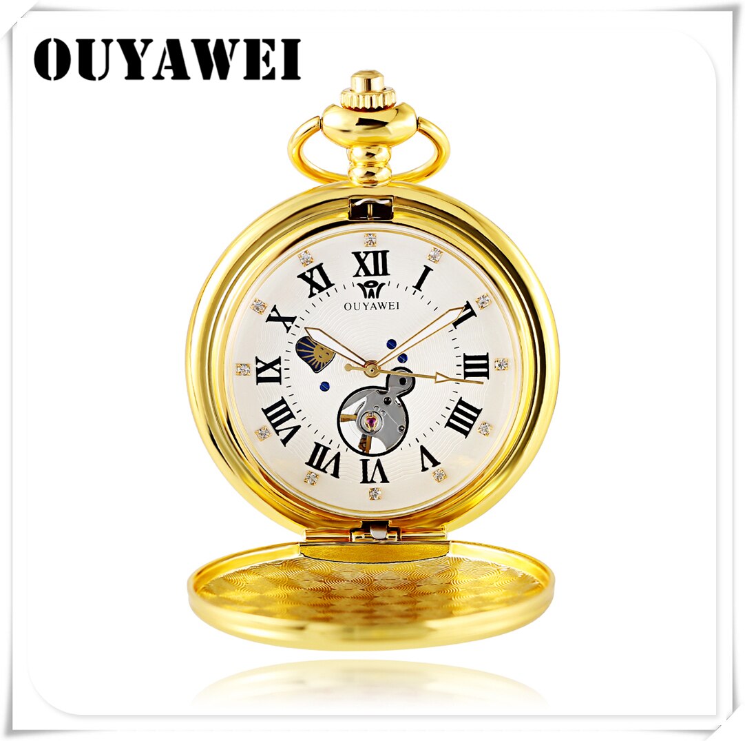 OUYAWEI Luxury Golden Moon Phase Mechanical Pocket Watch Roman Number Tourbillon Dial Pendant Chain Men Women: Gold White