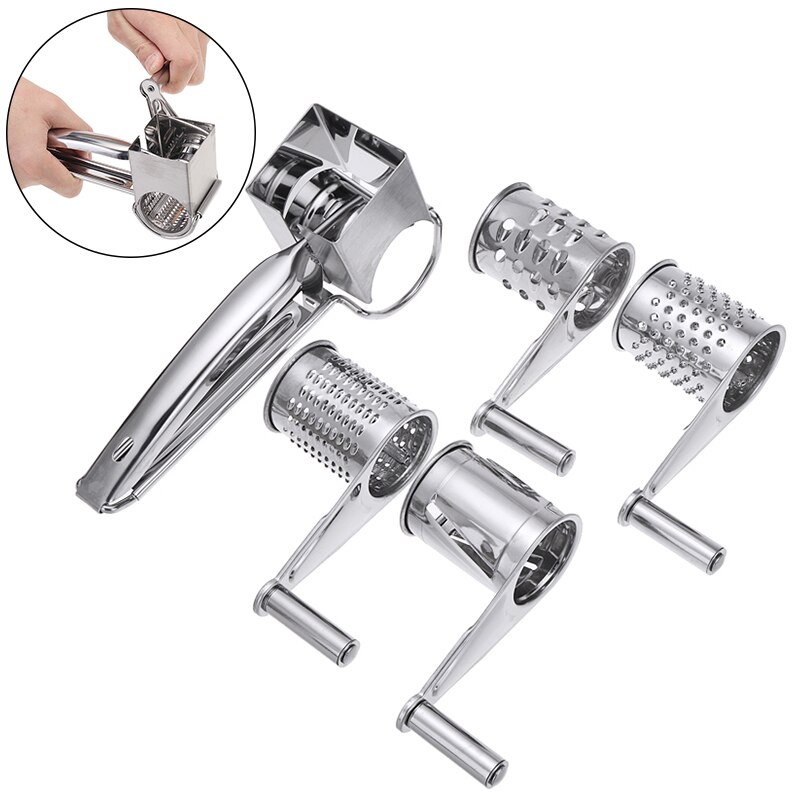 5in1 Stainless Steel Rotary Cheese Grater Manual Cheese Butter Shredder Slicer Grater With 4 Replacement Drums Blades