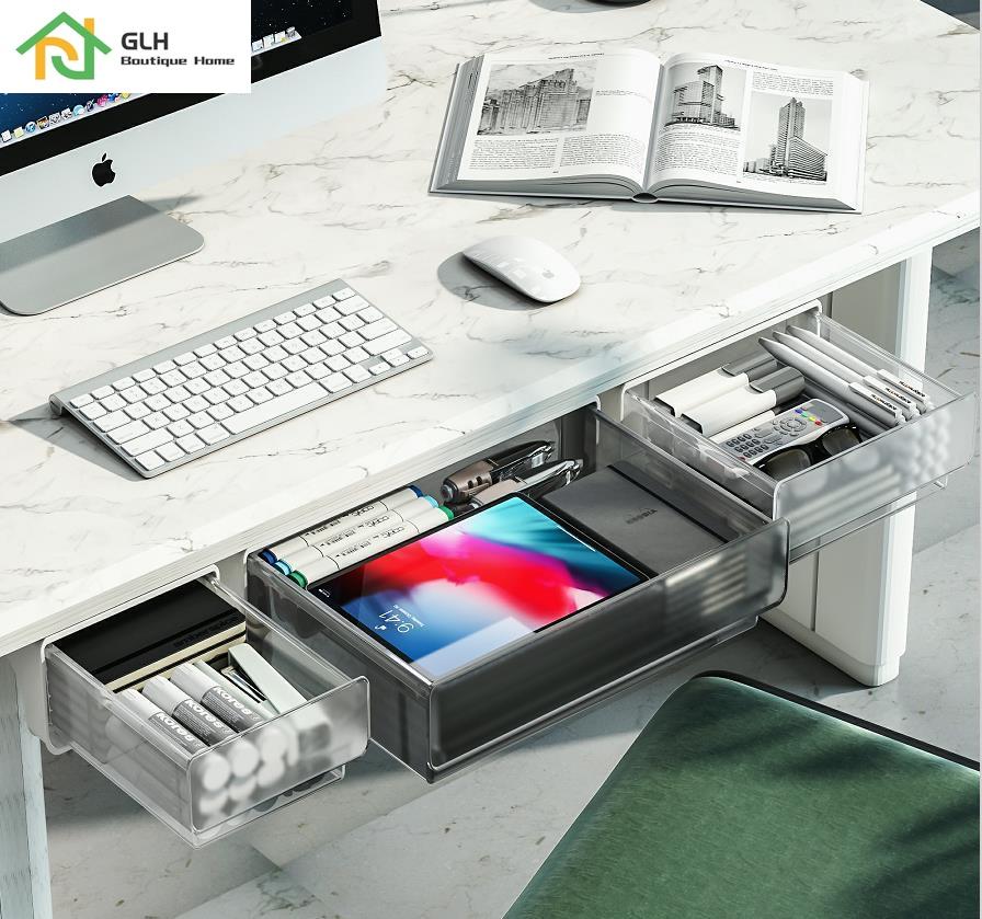 Under Desk Hidden Drawer Box Plastic Kitchen Storage Holder Desk Organizer Memo Pen Stationery Storage Box Case