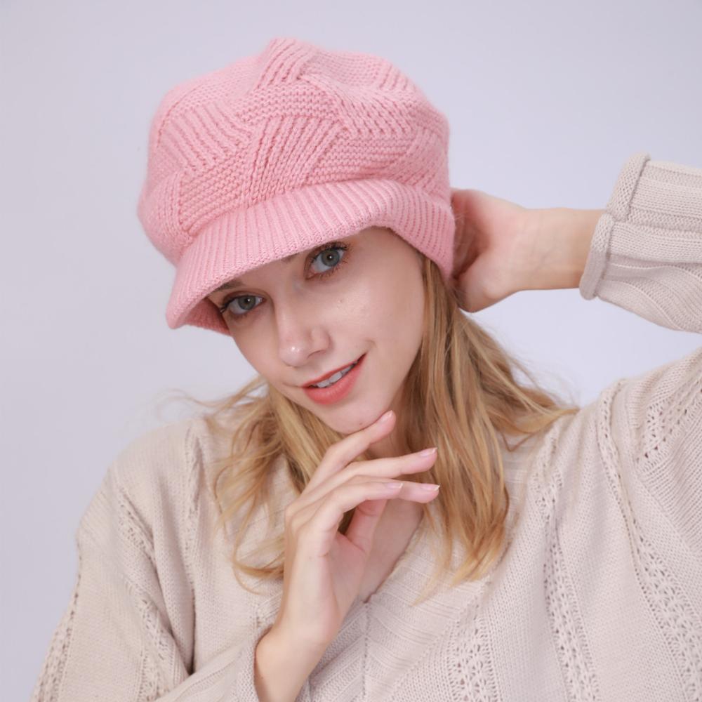 Chapeaux en laine tricotée Skullies, 1 pièce, bonnets de cyclisme en plein air en poils de lapin pour femmes, visières chaudes en polaire, couleur unie: Pink