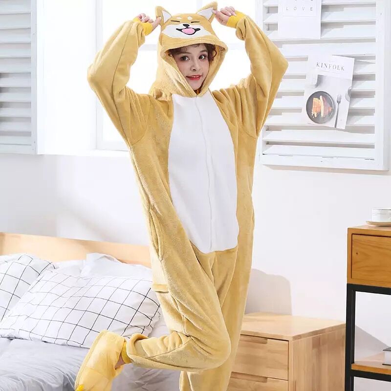 HKSNG Kigurumi Akita Dog Onesie Women Girl Cute Anima Winterl Cartoon Yellow Dog Overall Winter Warm Soft Flannel Suit Kigu