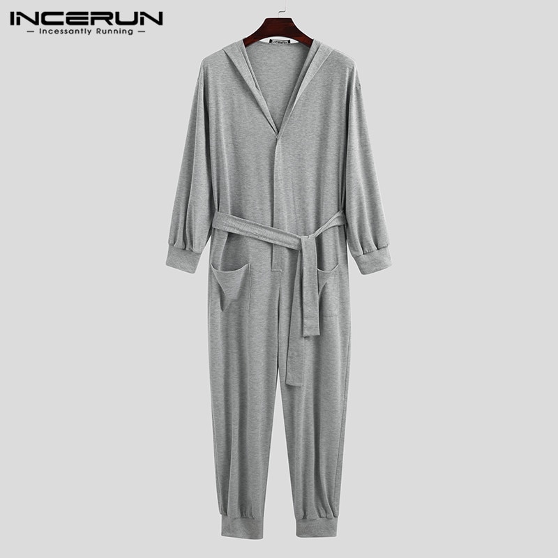 Loose Pockets Homewear INCERUN Leisure Solid Jumpsuits Sleepwear Men Long Sleeve Buttons Hooded Drawstring Rompers Nightgown 5XL