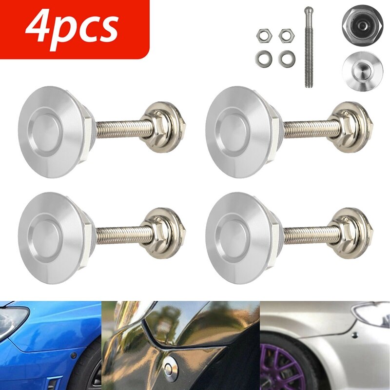4X Quick Release Push Hood Latch Button Car Pin Bonnet Lock Bumper Clip Latches: Silver