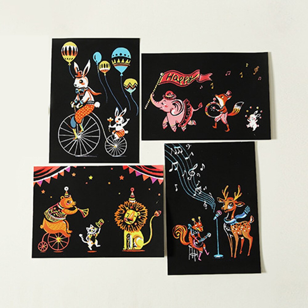 Paper 4Pcs Scratch Paintings Set Cartoon Postcard Drawings Education Patience Animals/Items/Houses 20*14cm: Animals