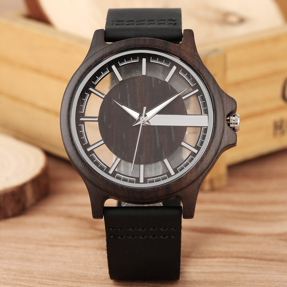 Ebony wood ur herre gennemsigtig hul urskive træure analogt ur vintage quartz armbåndsur reloj de madera