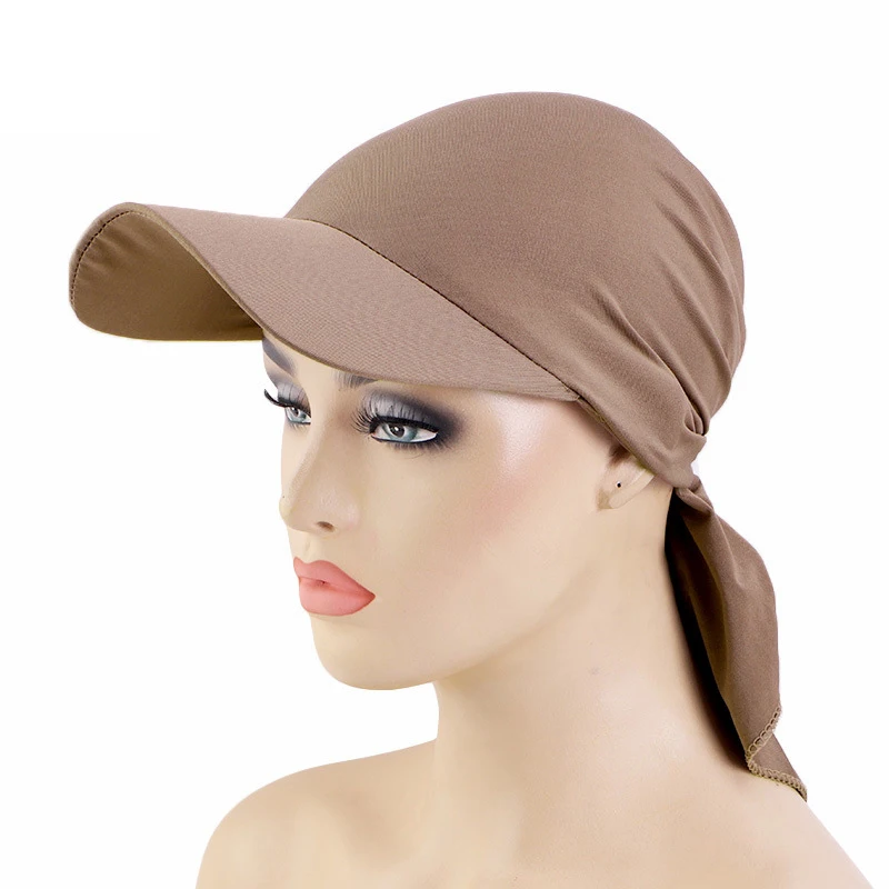 Gorra de ala ancha de verano para mujer, visera para el sol con turbante preatado, gorros Hijab, pañuelo para la cabeza, pañuelos a prueba de viento, sombrero para el sol al aire libre de Color sólido